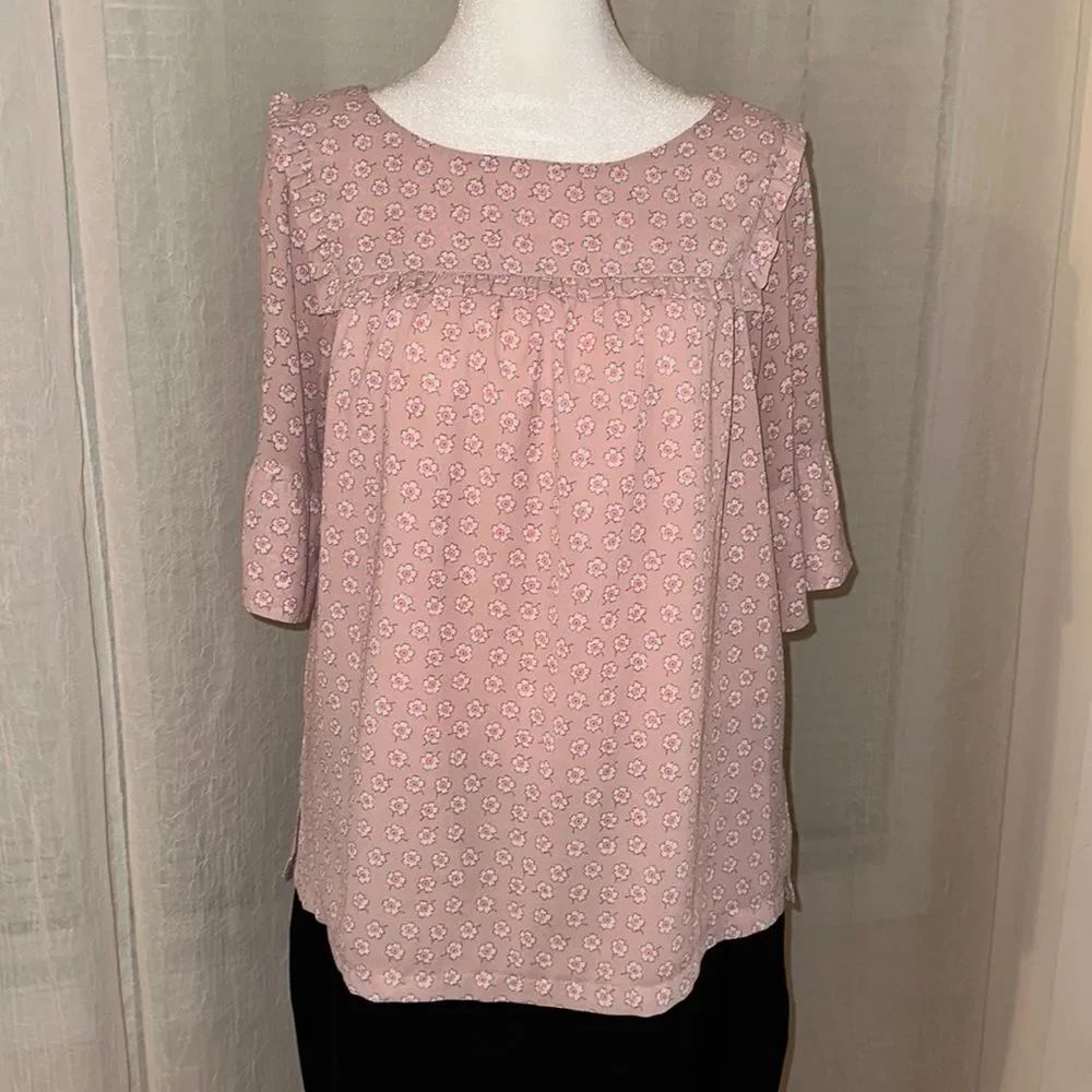 LOFT MP Blush Pink White Fuchsia Gray Floral Baby Doll Short Sleeve Blouse